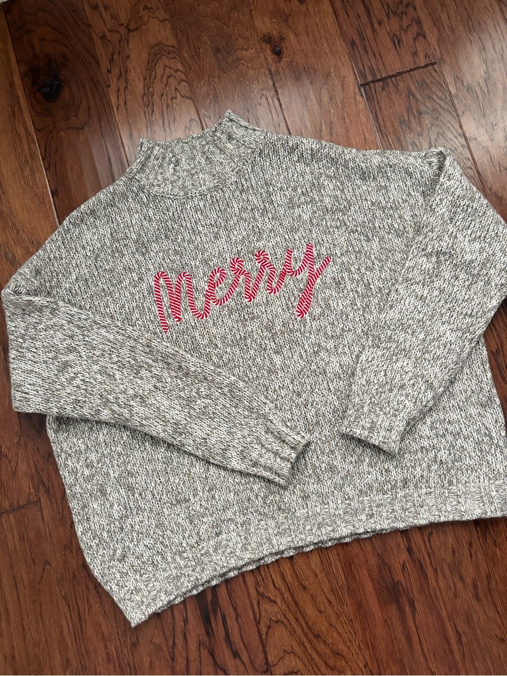 LOFT Gray Marled Mock Neck Sweater with Red 'Merry' Script Size XL